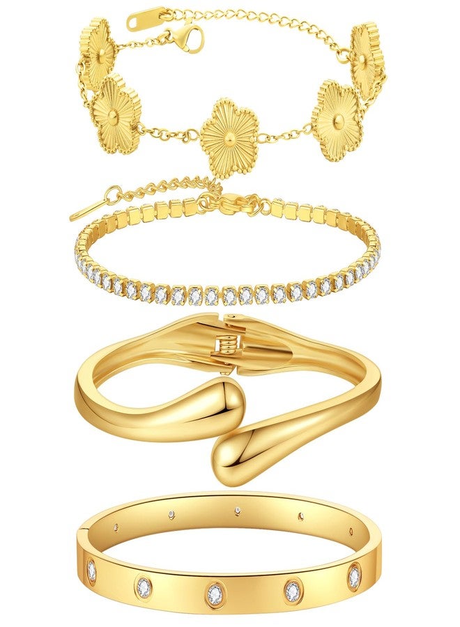 PDWZNBA 18K Gold-Plated Bracelet Set - Floral Clover, Tennis, Chunky Adjustable Twist Cuff, Classic Gold-plated Bangle Stainless Steel, Non Tarnish, Stackable Bracelet Gift for Women - Image 1